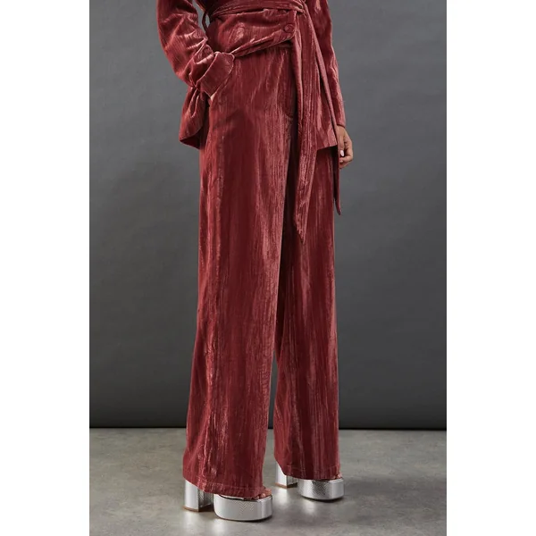 Pantalon Tailleur Taille Haute en Velours Froissé
