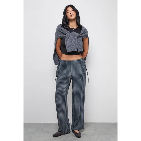 Pantalon à Carreaux Verts Taille Moyenne avec Liens Latéraux et Poches