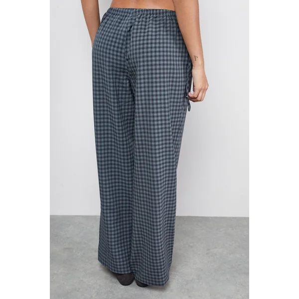 Pantalon à Carreaux Verts Taille Moyenne avec Liens Latéraux et Poches