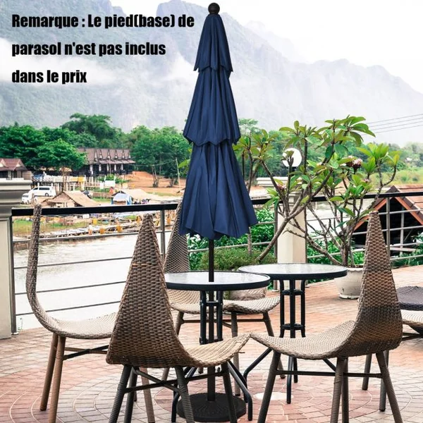 Parasol Auto-inclinable 3M à 3 Niveaux avec Double Ventilation Fonctionnement avec Manivelle Poteau en Aluminium Bleu Foncé