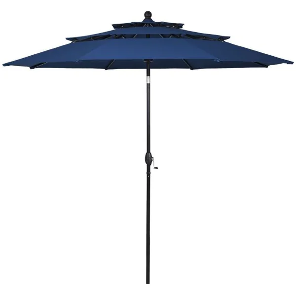 Parasol Auto-inclinable 3M à 3 Niveaux avec Double Ventilation Fonctionnement avec Manivelle Poteau en Aluminium Bleu Foncé