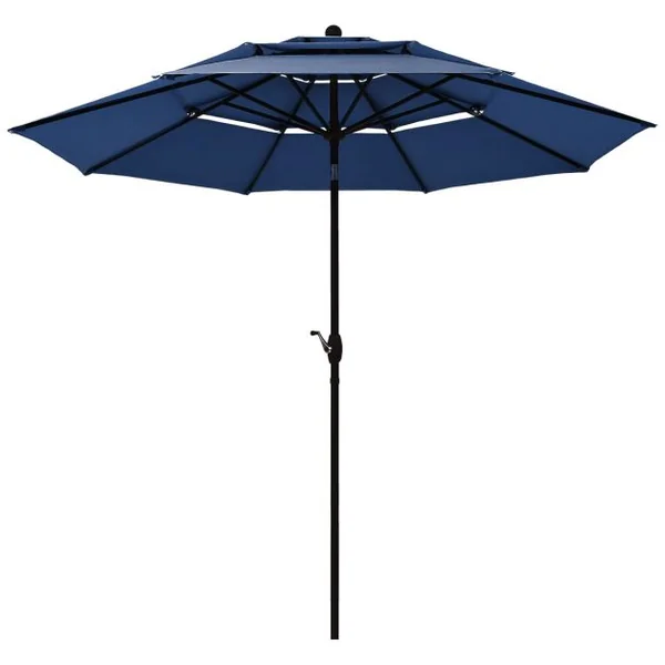 Parasol Auto-inclinable 3M à 3 Niveaux avec Double Ventilation Fonctionnement avec Manivelle Poteau en Aluminium Bleu Foncé