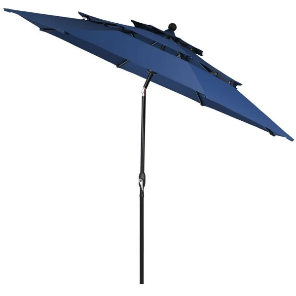 Parasol Auto-inclinable 3M à 3 Niveaux avec Double Ventilation Fonctionnement avec Manivelle Poteau en Aluminium Bleu Foncé