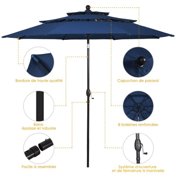 Parasol Auto-inclinable 3M à 3 Niveaux avec Double Ventilation Fonctionnement avec Manivelle Poteau en Aluminium Bleu Foncé