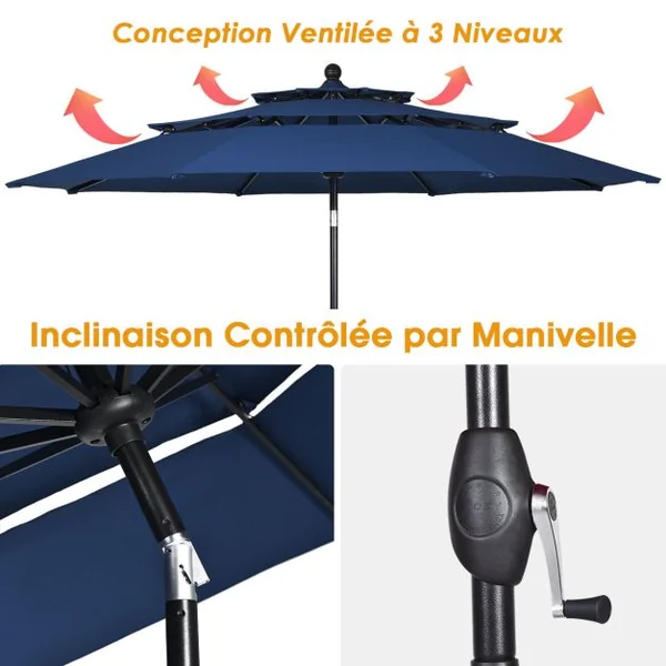 Parasol Auto-inclinable 3M à 3 Niveaux avec Double Ventilation Fonctionnement avec Manivelle Poteau en Aluminium Bleu Foncé