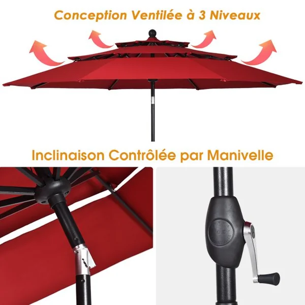Parasol Auto-inclinable 3M à 3 Niveaux avec Double Ventilation Fonctionnement avec Manivelle Poteau en Aluminium Vert