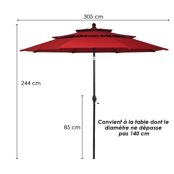 Parasol Auto-inclinable 3M à 3 Niveaux avec Double Ventilation Fonctionnement avec Manivelle Poteau en Aluminium Vert