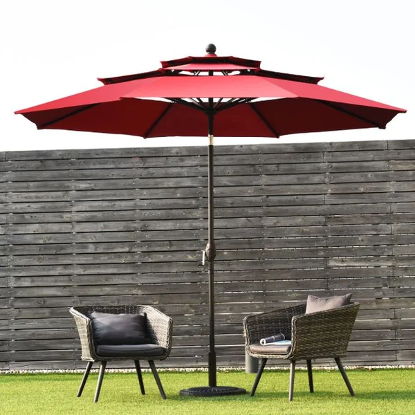 Parasol Auto-inclinable 3M à 3 Niveaux avec Double Ventilation Fonctionnement avec Manivelle Poteau en Aluminium Vert