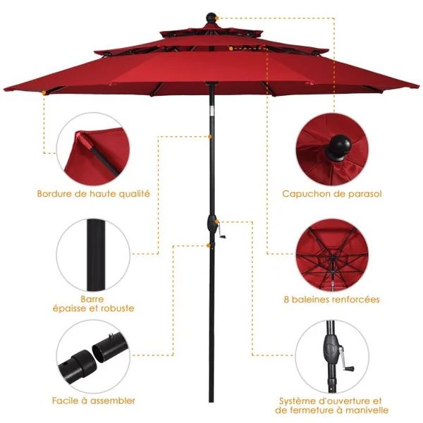 Parasol Auto-inclinable 3M à 3 Niveaux avec Double Ventilation Fonctionnement avec Manivelle Poteau en Aluminium Vert