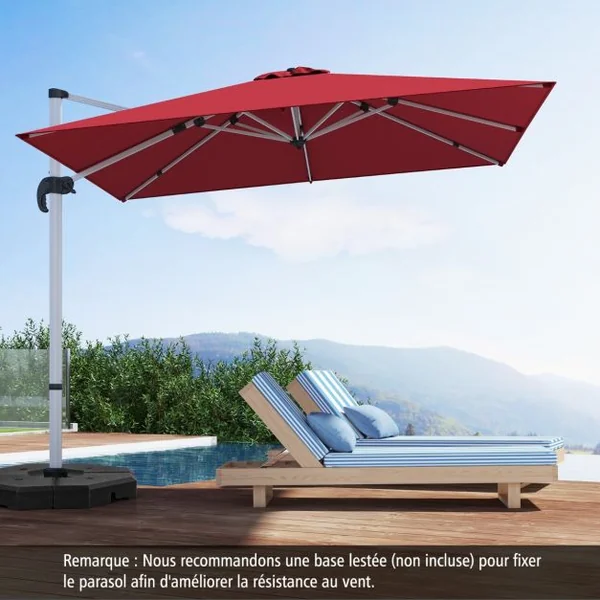 Parasol de 300cm en Porte-à-faux avec Rotation à 360°Inclinaison Réglable Parasol Déporté Coupe-Vent Bleu/Beige/Brun/Gris/Noir/Orange/Rouge