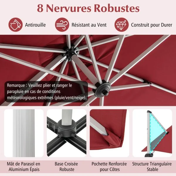 Parasol de 300cm en Porte-à-faux avec Rotation à 360°Inclinaison Réglable Parasol Déporté Coupe-Vent Bleu/Beige/Brun/Gris/Noir/Orange/Rouge
