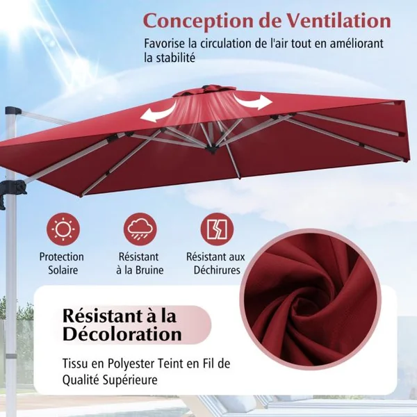 Parasol de 300cm en Porte-à-faux avec Rotation à 360°Inclinaison Réglable Parasol Déporté Coupe-Vent Bleu/Beige/Brun/Gris/Noir/Orange/Rouge