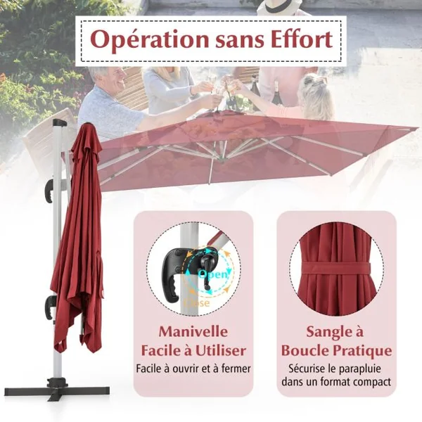 Parasol de 300cm en Porte-à-faux avec Rotation à 360°Inclinaison Réglable Parasol Déporté Coupe-Vent Bleu/Beige/Brun/Gris/Noir/Orange/Rouge
