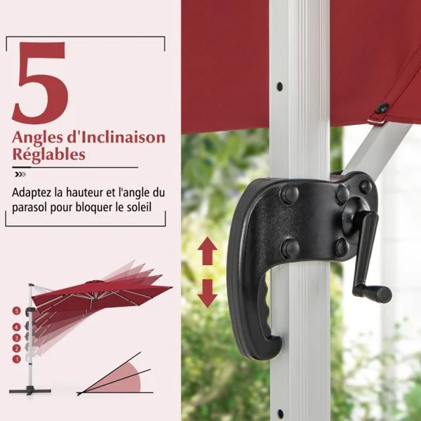 Parasol de 300cm en Porte-à-faux avec Rotation à 360°Inclinaison Réglable Parasol Déporté Coupe-Vent Bleu/Beige/Brun/Gris/Noir/Orange/Rouge