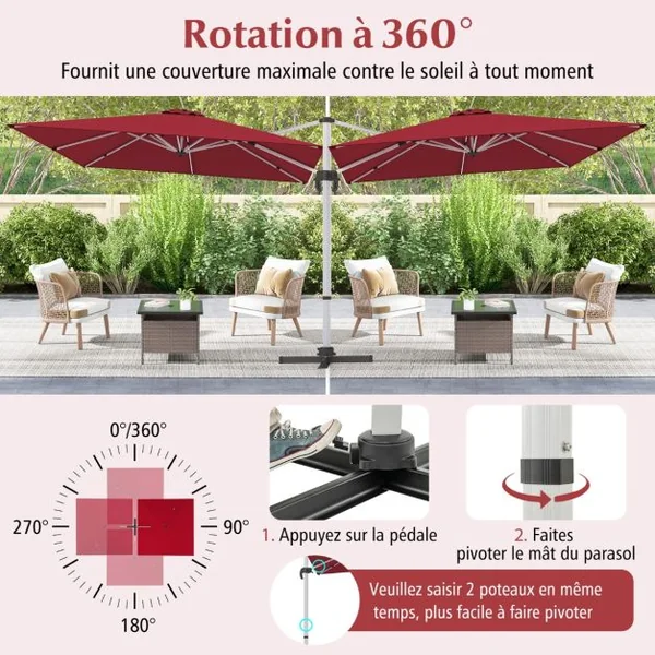 Parasol de 300cm en Porte-à-faux avec Rotation à 360°Inclinaison Réglable Parasol Déporté Coupe-Vent Bleu/Beige/Brun/Gris/Noir/Orange/Rouge