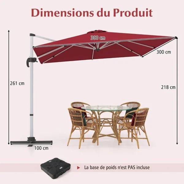 Parasol de 300cm en Porte-à-faux avec Rotation à 360°Inclinaison Réglable Parasol Déporté Coupe-Vent Bleu/Beige/Brun/Gris/Noir/Orange/Rouge