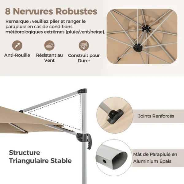 Parasol de 33 cm Parasol Rond en Porte-A-Faux avec Rotation à 360°Inclinaison Réglable Parasol Déporté Résistant au Vent Beige/Café/Rouge