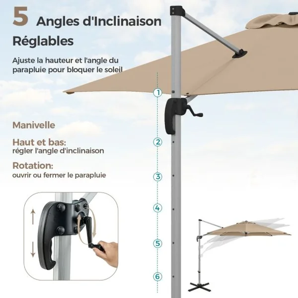 Parasol de 33 cm Parasol Rond en Porte-A-Faux avec Rotation à 360°Inclinaison Réglable Parasol Déporté Résistant au Vent Beige/Café/Rouge