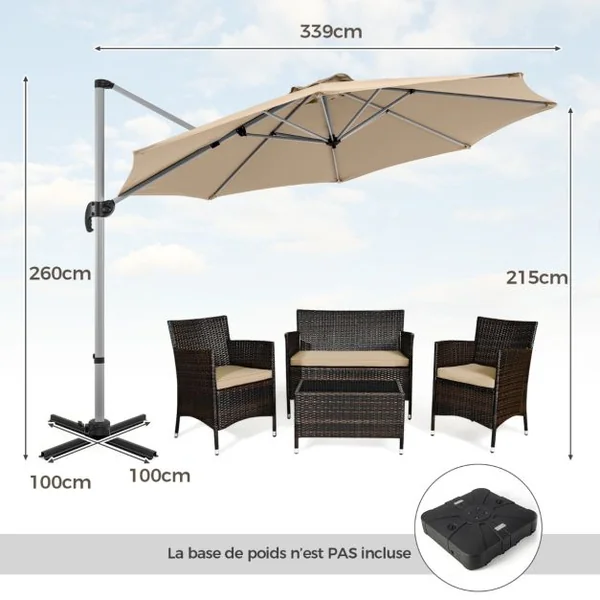 Parasol de 33 cm Parasol Rond en Porte-A-Faux avec Rotation à 360°Inclinaison Réglable Parasol Déporté Résistant au Vent Beige/Café/Rouge