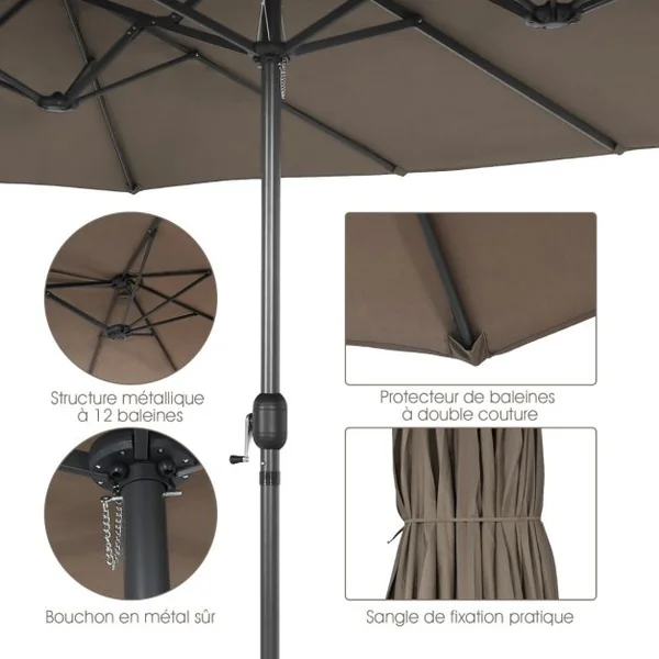 Parasol de Jardin Extérieur 470 x 280 CM Grande Taille XXL Parasol Plage à 12 Côtes Manivelle Cadre Métal Toile Polyester Marron