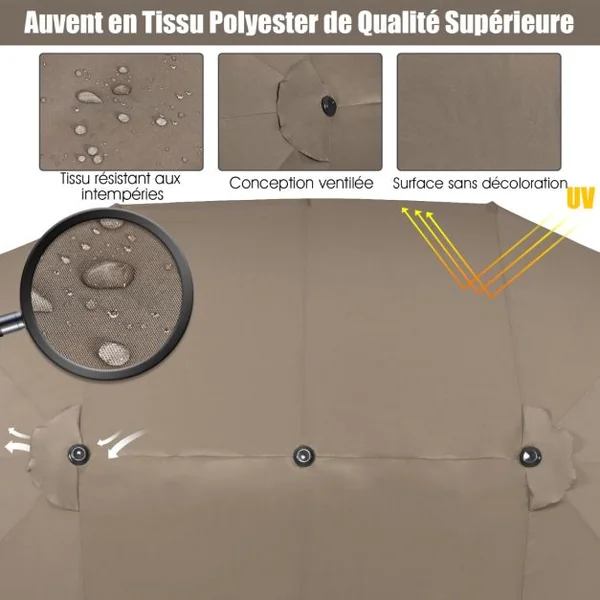 Parasol de Jardin Extérieur 470 x 280 CM Grande Taille XXL Parasol Plage à 12 Côtes Manivelle Cadre Métal Toile Polyester Marron