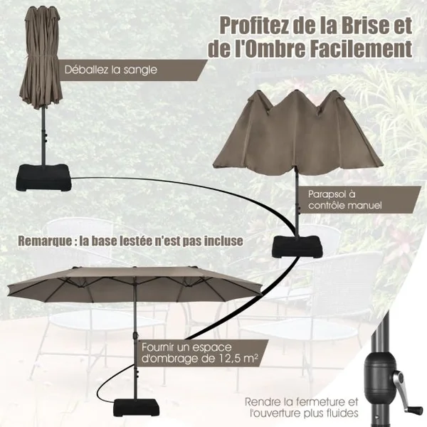 Parasol de Jardin Extérieur 470 x 280 CM Grande Taille XXL Parasol Plage à 12 Côtes Manivelle Cadre Métal Toile Polyester Marron