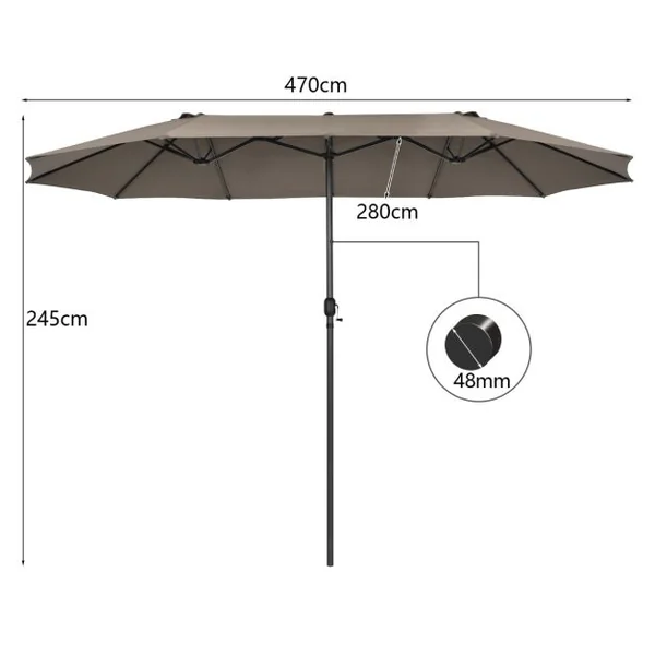 Parasol de Jardin Extérieur 470 x 280 CM Grande Taille XXL Parasol Plage à 12 Côtes Manivelle Cadre Métal Toile Polyester Marron