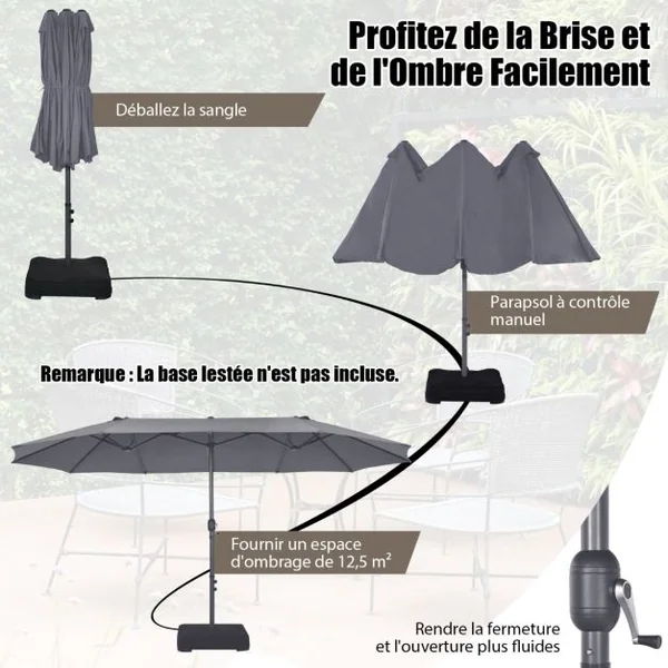 Parasol de Jardin Extérieur 470 x 280 CM Grande Taille XXL, Parasol Plage à 12 Côtes Manivelle Cadre Métal Toile Polyester Parasol Double Jumeau pour Cour Patio Terrasse Piscine Gris