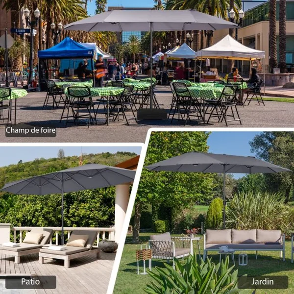Parasol de Jardin Extérieur 470 x 280 CM Grande Taille XXL, Parasol Plage à 12 Côtes Manivelle Cadre Métal Toile Polyester Parasol Double Jumeau pour Cour Patio Terrasse Piscine Gris