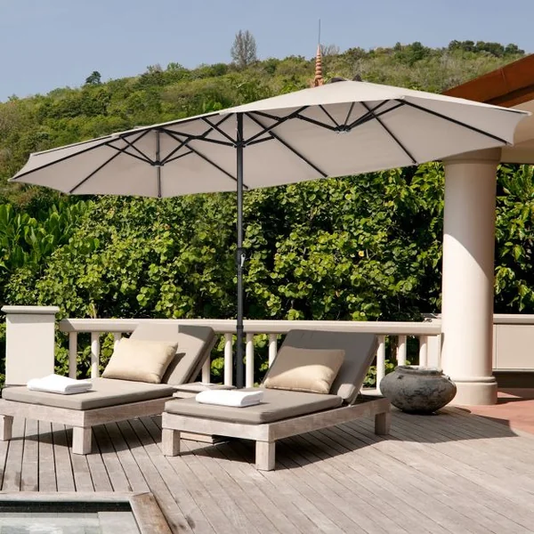 Parasol de Jardin Extérieur à 12 Côtes Base Renforcée Manivelle Poteau Métal Toile Polyester Parasol Plage pour Patio Beige