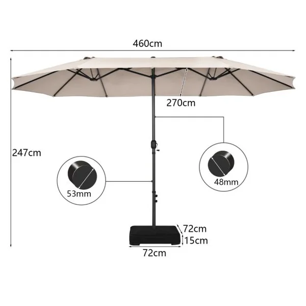 Parasol de Jardin Extérieur à 12 Côtes Base Renforcée Manivelle Poteau Métal Toile Polyester Parasol Plage pour Patio Beige