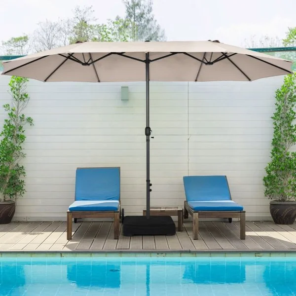 Parasol de Jardin Extérieur à 12 Côtes Base Renforcée Manivelle Poteau Métal Toile Polyester Parasol Plage pour Patio Beige