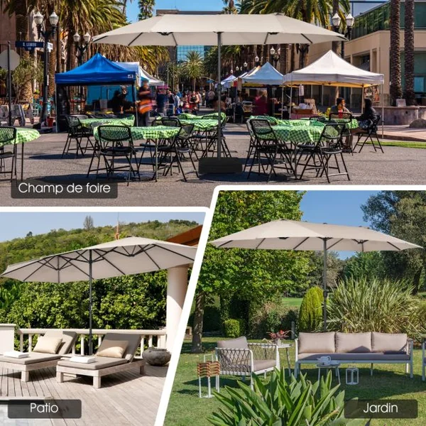 Parasol de Jardin Extérieur à 12 Côtes Base Renforcée Manivelle Poteau Métal Toile Polyester Parasol Plage pour Patio Beige