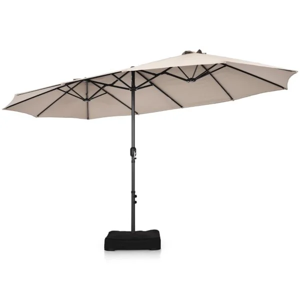 Parasol de Jardin Extérieur à 12 Côtes Base Renforcée Manivelle Poteau Métal Toile Polyester Parasol Plage pour Patio Beige