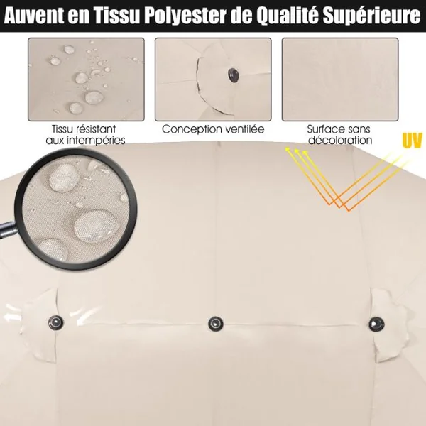 Parasol de Jardin Extérieur à 12 Côtes Base Renforcée Manivelle Poteau Métal Toile Polyester Parasol Plage pour Patio Beige