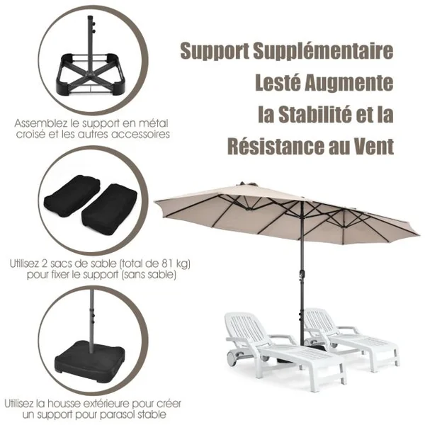 Parasol de Jardin Extérieur à 12 Côtes Base Renforcée Manivelle Poteau Métal Toile Polyester Parasol Plage pour Patio Beige