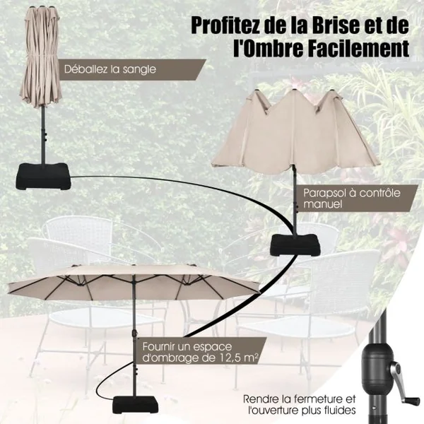 Parasol de Jardin Extérieur à 12 Côtes Base Renforcée Manivelle Poteau Métal Toile Polyester Parasol Plage pour Patio Beige