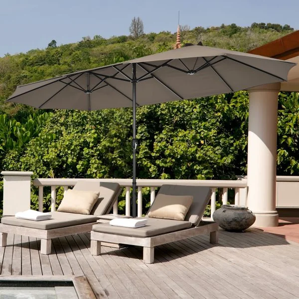 Parasol de Jardin Extérieur à 12 Côtes Base Renforcée Manivelle Poteau Métal Toile Polyester Parasol Plage pour Patio Café
