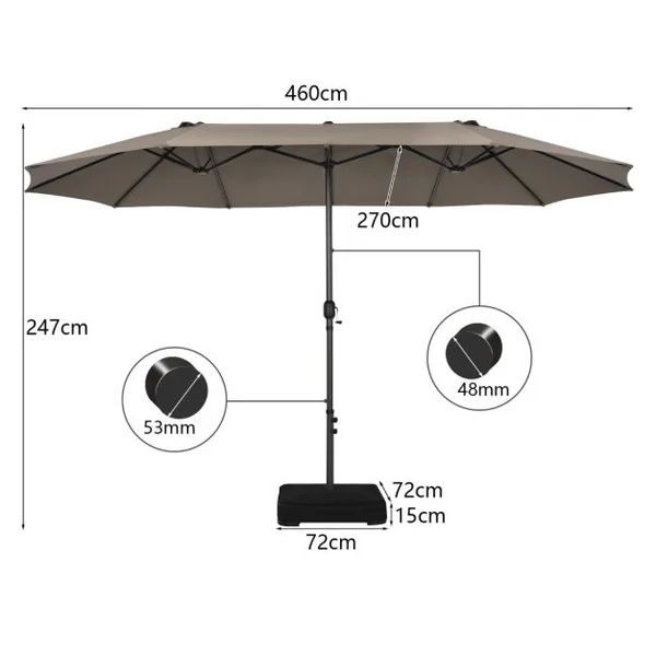 Parasol de Jardin Extérieur à 12 Côtes Base Renforcée Manivelle Poteau Métal Toile Polyester Parasol Plage pour Patio Café