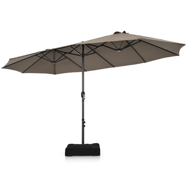 Parasol de Jardin Extérieur à 12 Côtes Base Renforcée Manivelle Poteau Métal Toile Polyester Parasol Plage pour Patio Café