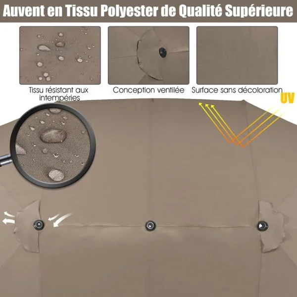 Parasol de Jardin Extérieur à 12 Côtes Base Renforcée Manivelle Poteau Métal Toile Polyester Parasol Plage pour Patio Café