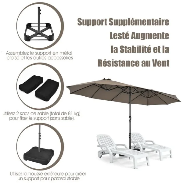 Parasol de Jardin Extérieur à 12 Côtes Base Renforcée Manivelle Poteau Métal Toile Polyester Parasol Plage pour Patio Café