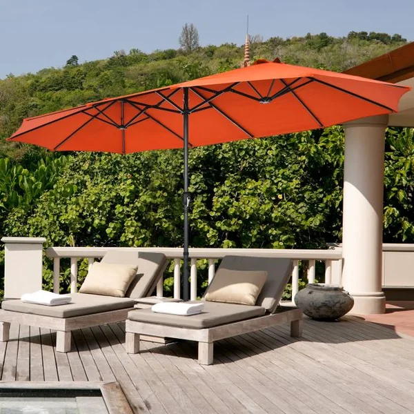 Parasol de Jardin Extérieur à 12 Côtes Base Renforcée Manivelle Poteau Métal Toile Polyester Parasol Plage pour Patio Orange
