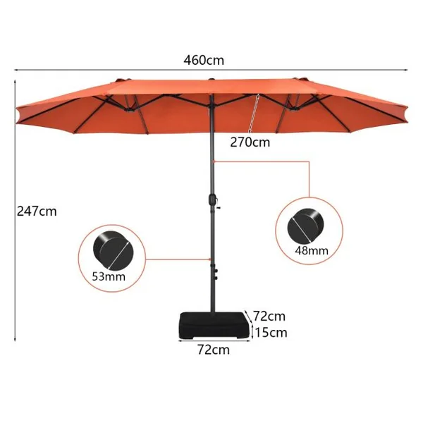 Parasol de Jardin Extérieur à 12 Côtes Base Renforcée Manivelle Poteau Métal Toile Polyester Parasol Plage pour Patio Orange