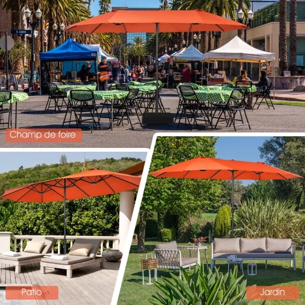 Parasol de Jardin Extérieur à 12 Côtes Base Renforcée Manivelle Poteau Métal Toile Polyester Parasol Plage pour Patio Orange