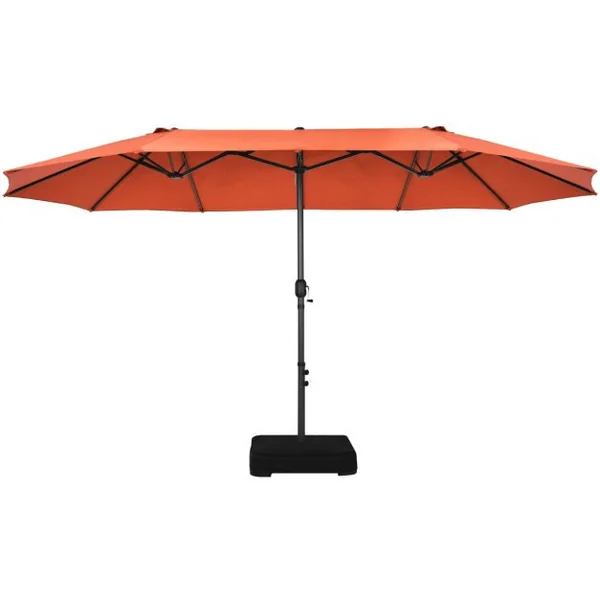 Parasol de Jardin Extérieur à 12 Côtes Base Renforcée Manivelle Poteau Métal Toile Polyester Parasol Plage pour Patio Orange