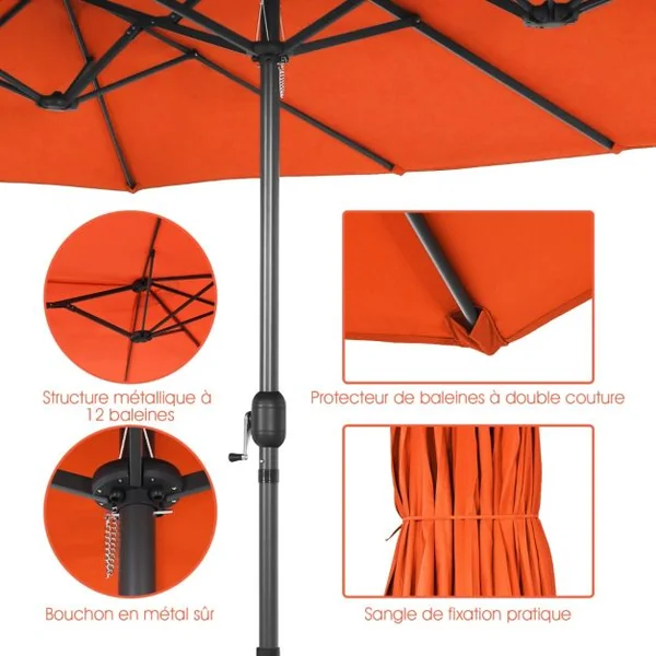 Parasol de Jardin Extérieur à 12 Côtes Base Renforcée Manivelle Poteau Métal Toile Polyester Parasol Plage pour Patio Orange