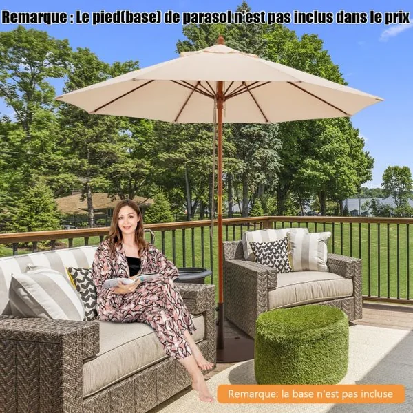 Parasol de Jardin Pliable 2,9M avec Mécanisme de Poulie à Corde Poteau en Bois 8 Baleines en Fibre de Verre pour Cour Bleu
