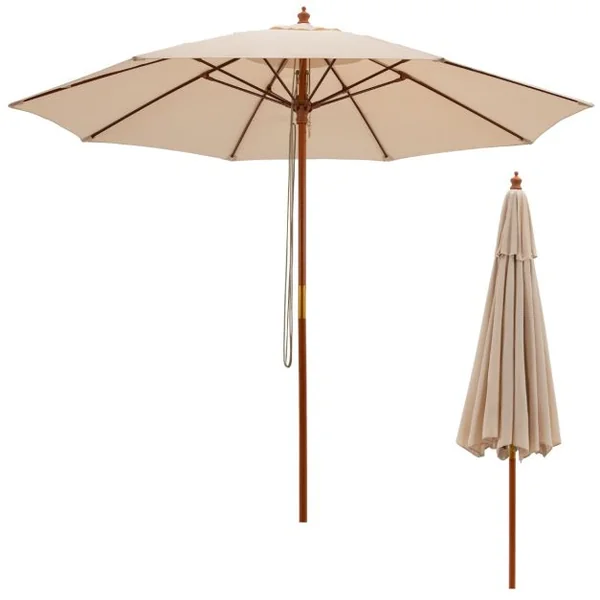 Parasol de Jardin Pliable 2,9M avec Mécanisme de Poulie à Corde Poteau en Bois 8 Baleines en Fibre de Verre pour Cour Bleu