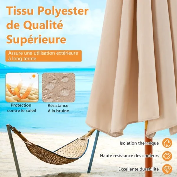 Parasol de Jardin Pliable 2,9M avec Mécanisme de Poulie à Corde Poteau en Bois 8 Baleines en Fibre de Verre pour Cour Bleu